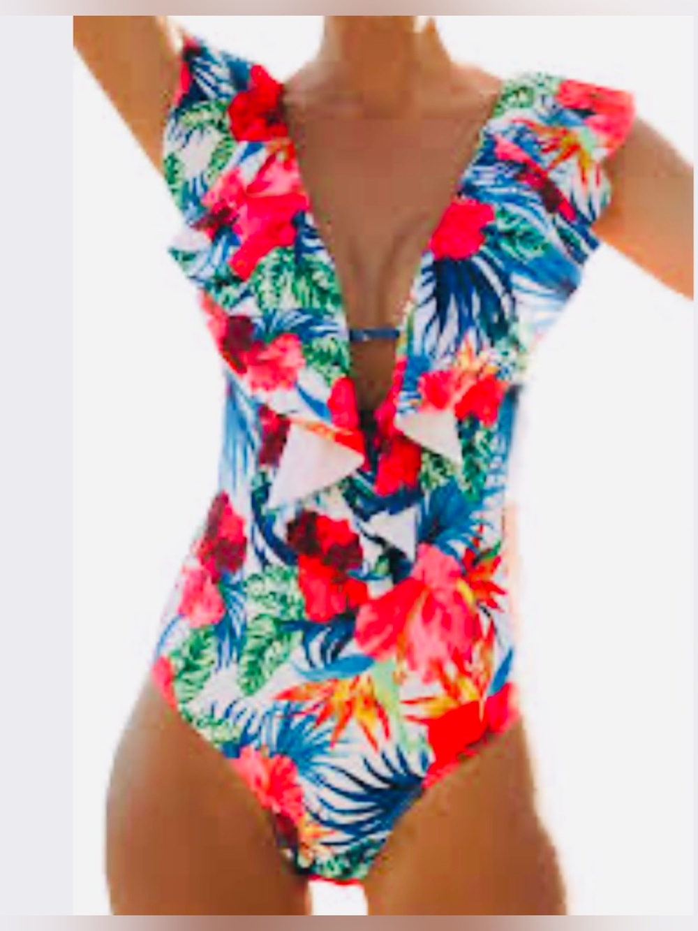 Sporlike Tropical Ruffle V-Neck Padded Monokini One-Piece Swimsuit